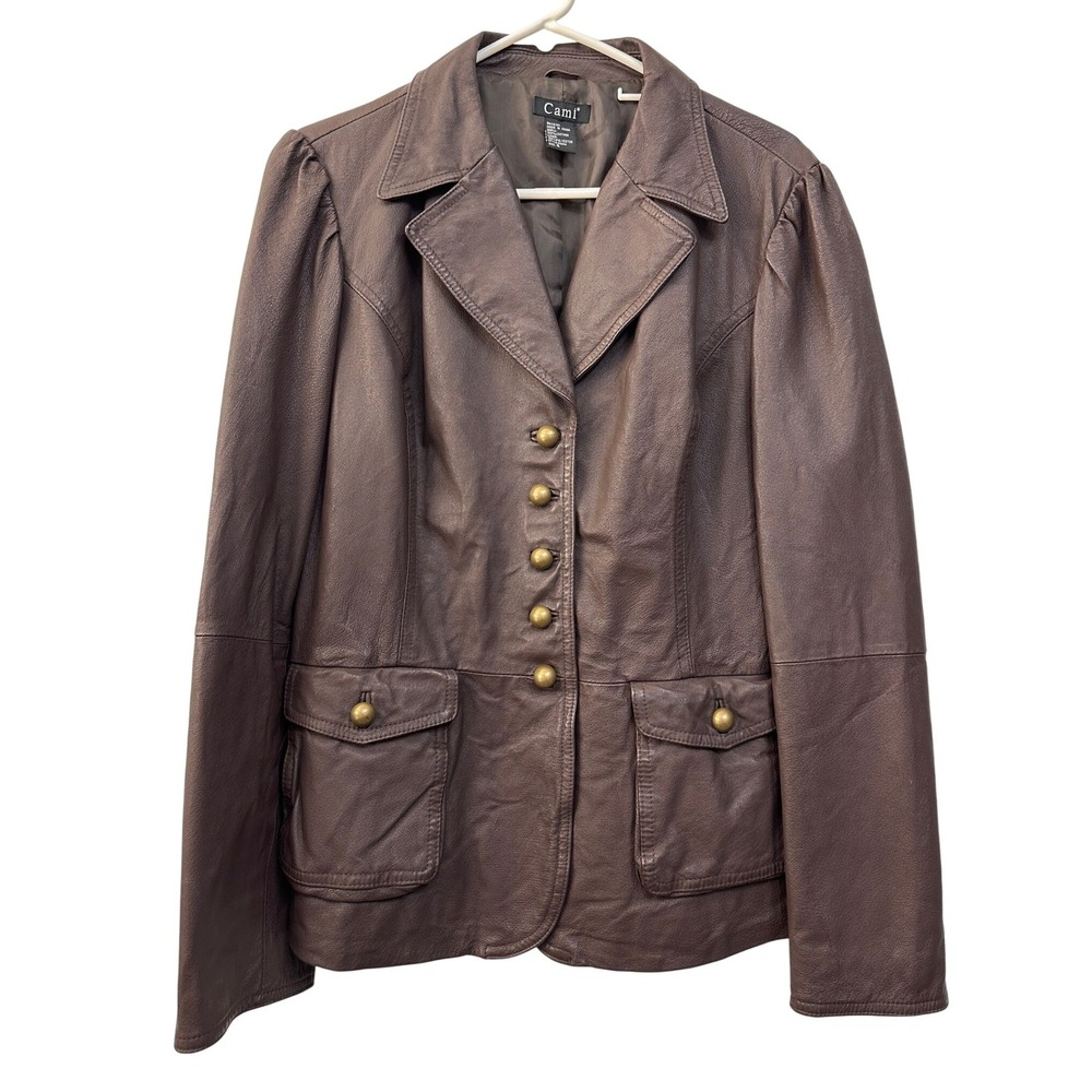 Cami Brown Leather Blazer Jacket 16 Puff Sleeve Brass Buttons Steampunk - Picture 10 of 11